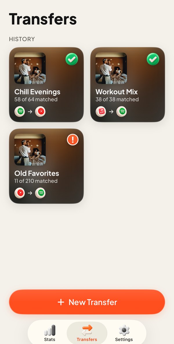 Your transfers on the home screen
